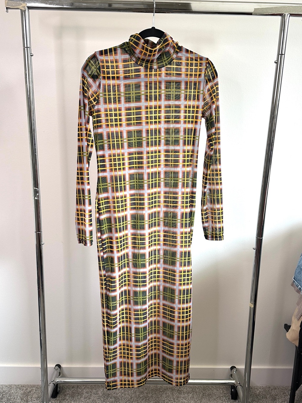 Hilary MacMillan Sheer Mesh Plaid Maxi Dress Canadian Designer Sz L